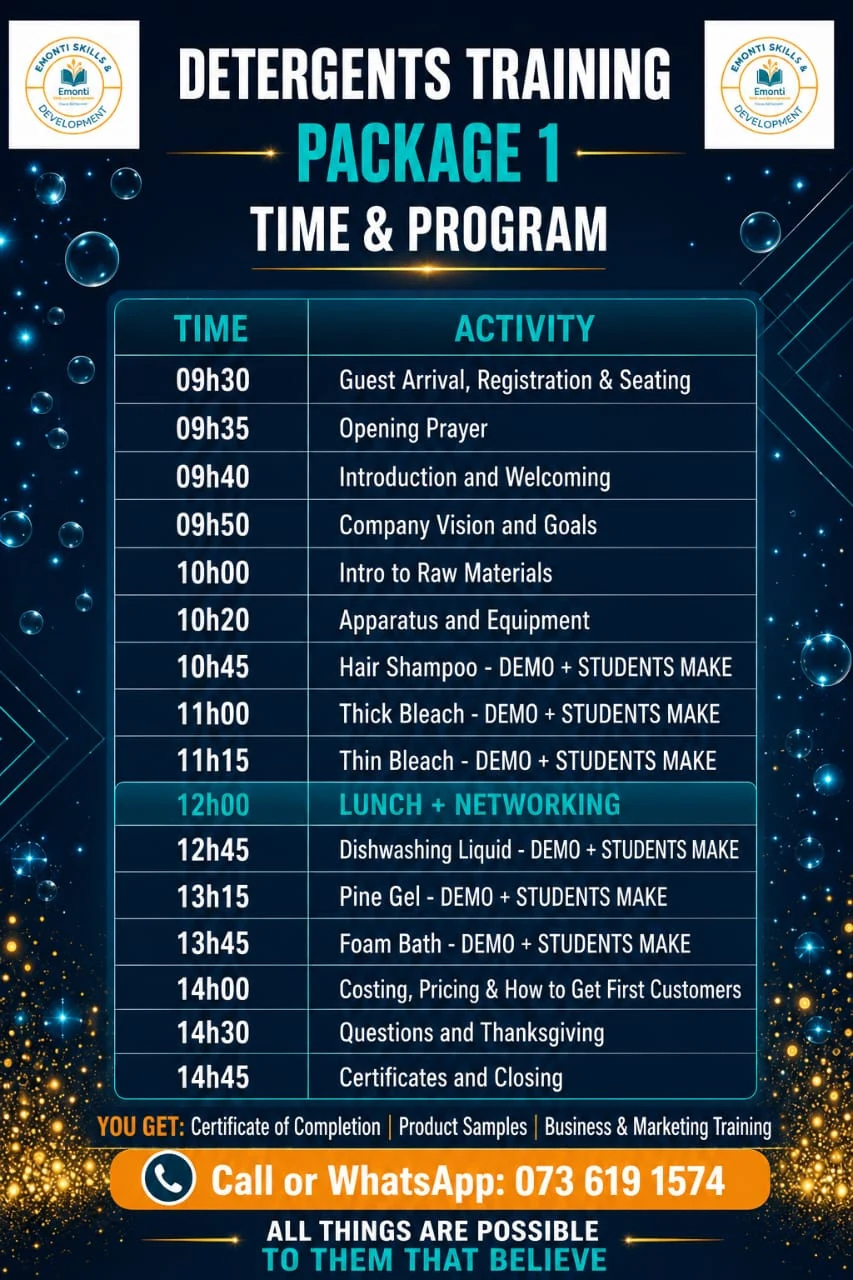 Detergent training Package 1 timetable and programme poster