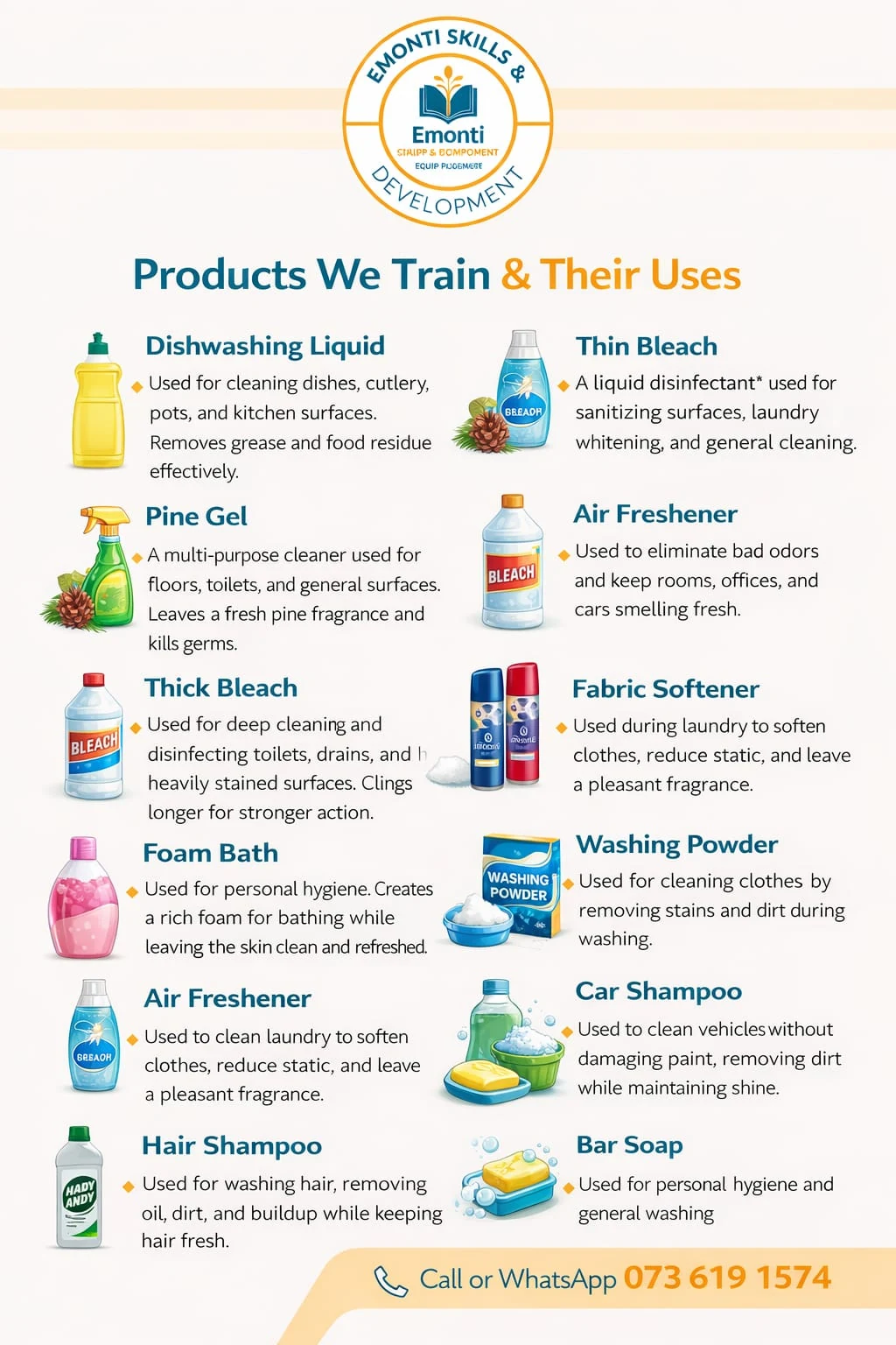 Poster showing products covered in training and their uses