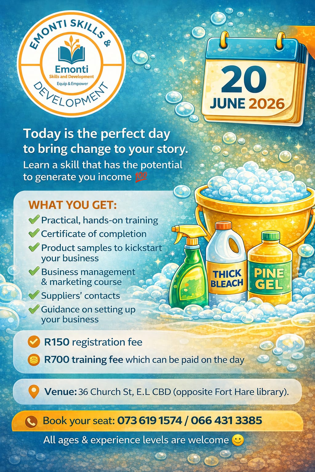 Booking poster for Emonti detergent training course on 20 June 2026