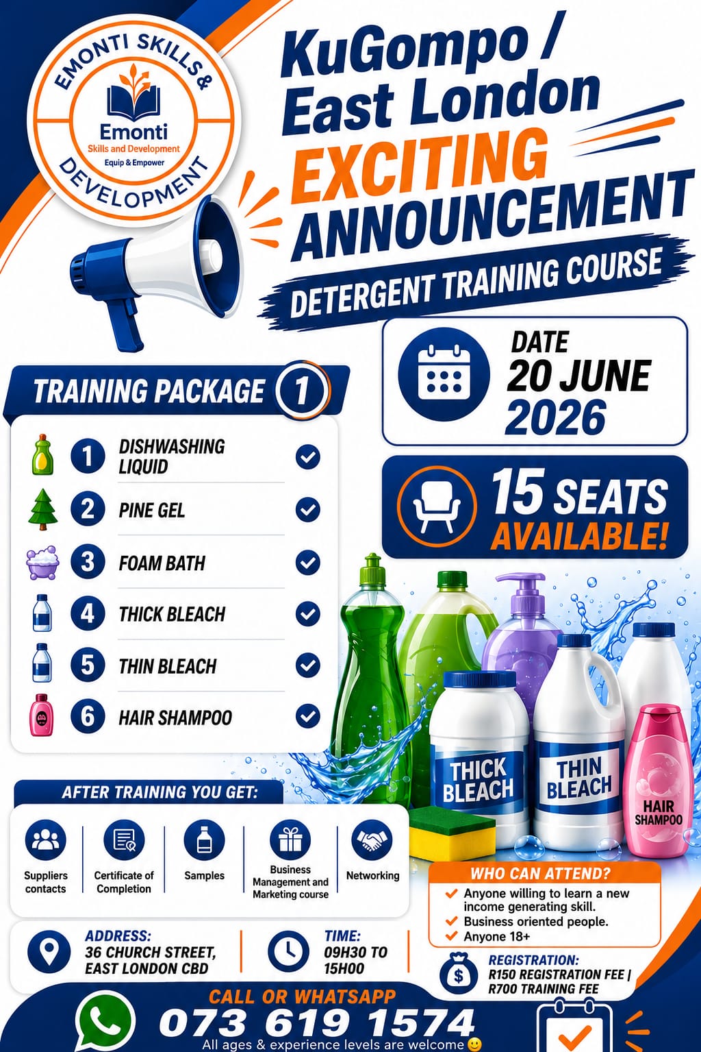 Detailed poster for Emonti detergent training course on 20 June 2026 in East London