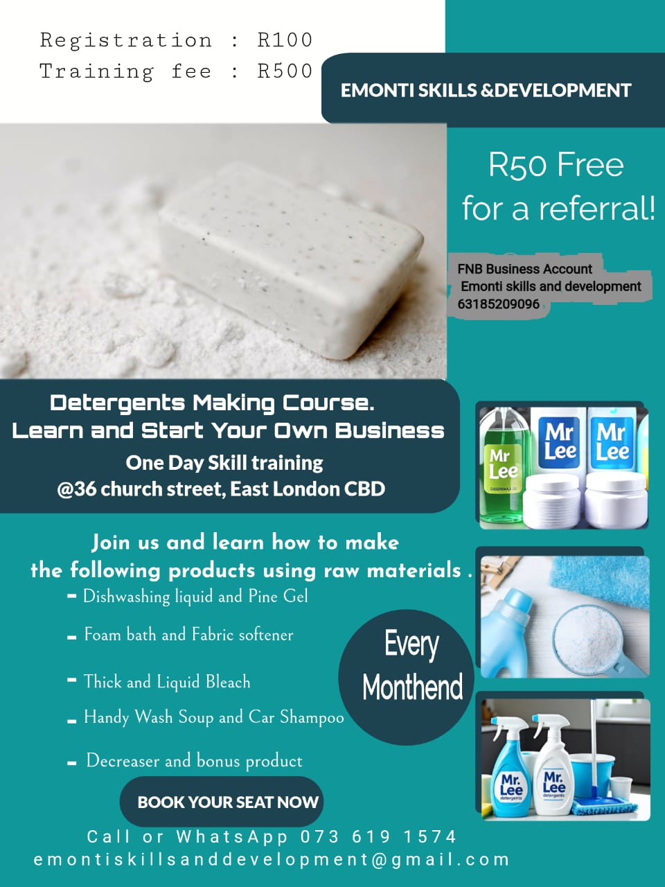 Banking details and referral poster for Emonti Skills and Development detergents training