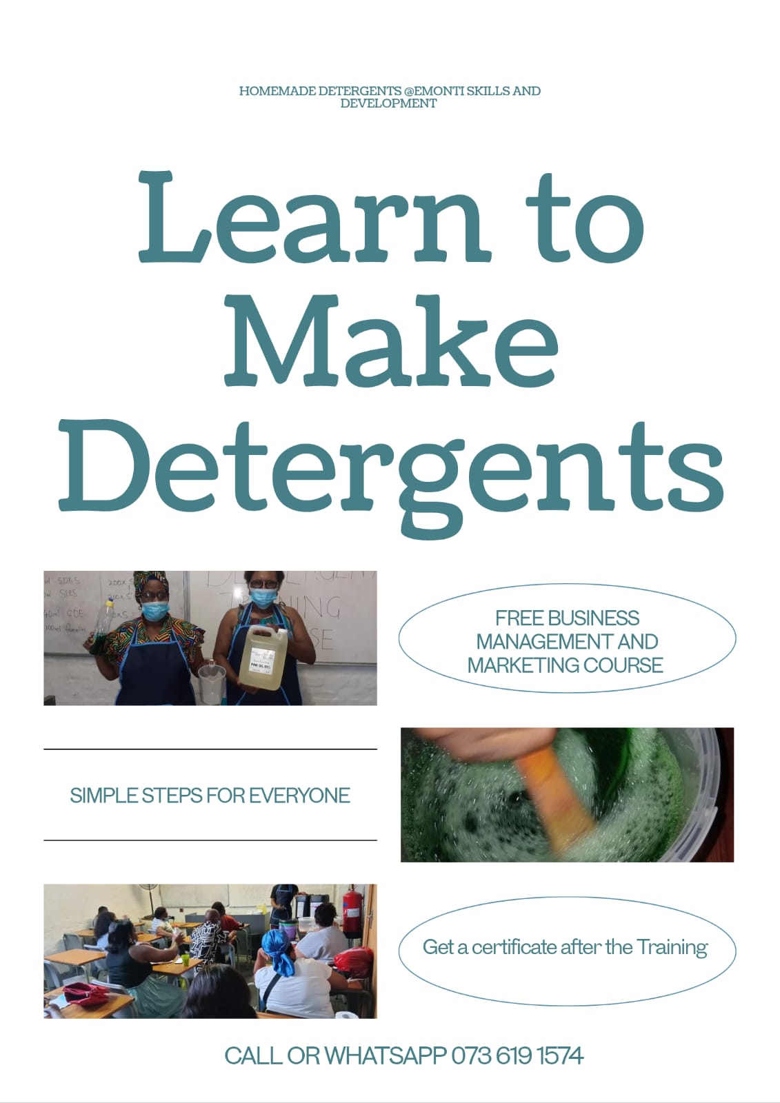 Poster inviting learners to make detergents with course details and training benefits
