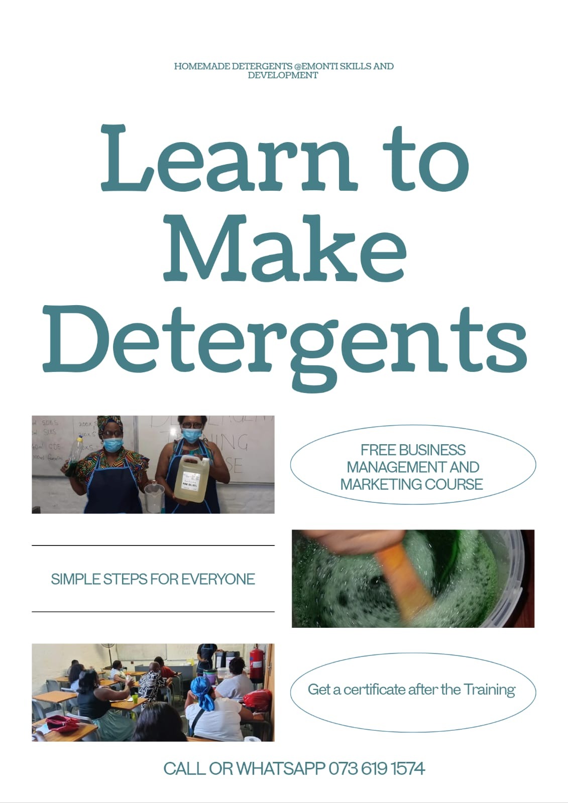 Poster advertising a detergent making course with images and text